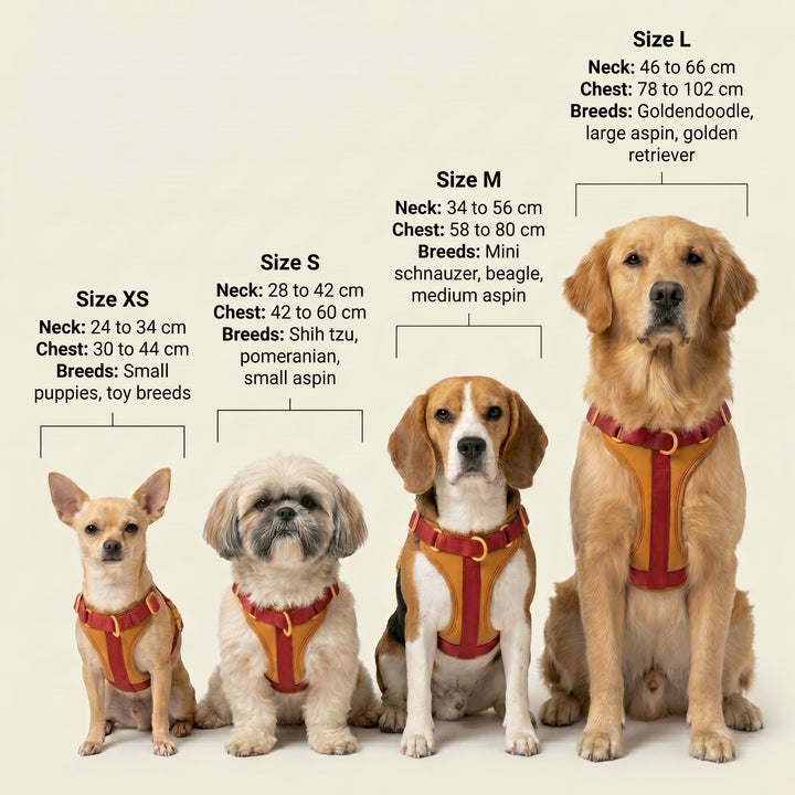 Dogs in the Sunday Sangria dog size infographic harness