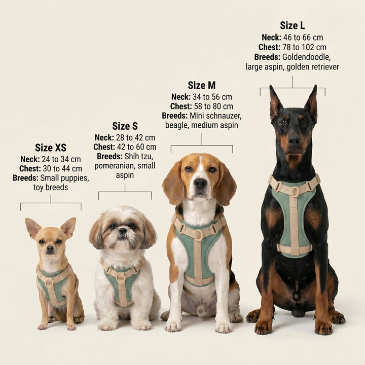 Dog in the Saturday Salcedo dog size infographic harness